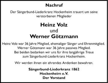 Traueranzeige von Heinz Volz von Schwetzinger Zeitung