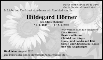 Traueranzeige von Hildegard Hörner von Fränkische Nachrichten
