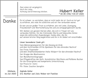 Traueranzeige von Hubert Keller von Fränkische Nachrichten