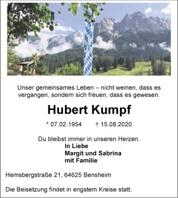 Traueranzeige von Hubert Kumpf von Bergsträßer Anzeiger