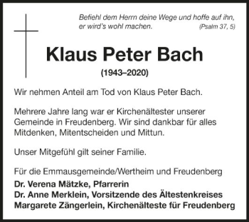 Traueranzeige von Klaus Peter Bach von Fränkische Nachrichten