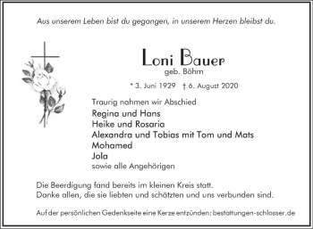 Traueranzeige von Loni Bauer von Mannheimer Morgen