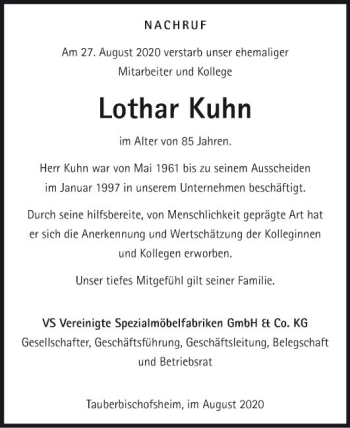 Traueranzeige von Lothar Kuhn von Fränkische Nachrichten