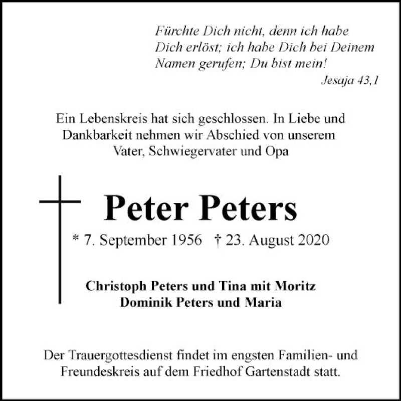  Traueranzeige für Peter Peters vom 29.08.2020 aus Mannheimer Morgen