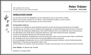 Traueranzeige von Peter Tröster von Fränkische Nachrichten
