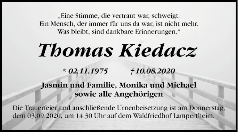  Traueranzeige für Thomas Kiedacz vom 29.08.2020 aus Mannheimer Morgen