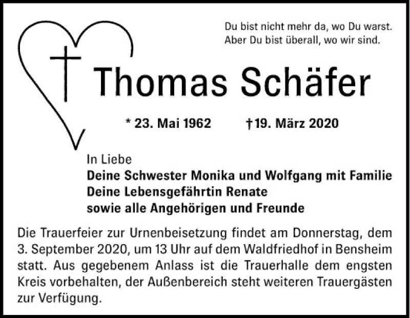  Traueranzeige für Thomas Schäfer vom 29.08.2020 aus Bergsträßer Anzeiger