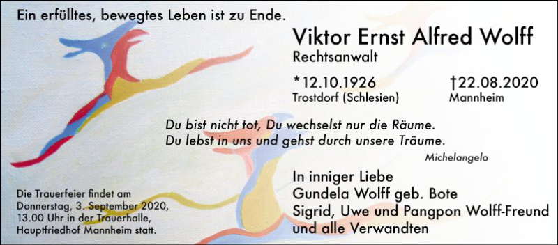  Traueranzeige für Viktor Ernst Alfred Wolff vom 29.08.2020 aus Mannheimer Morgen
