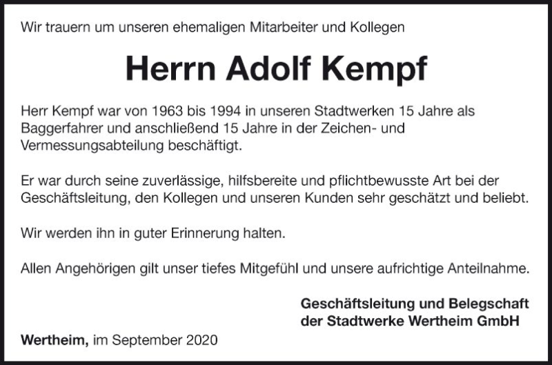  Traueranzeige für Adolf Kempf vom 05.09.2020 aus Fränkische Nachrichten
