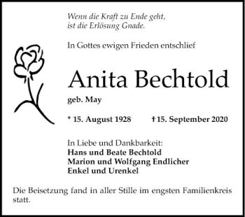 Traueranzeige von Anita Bechtold von Mannheimer Morgen