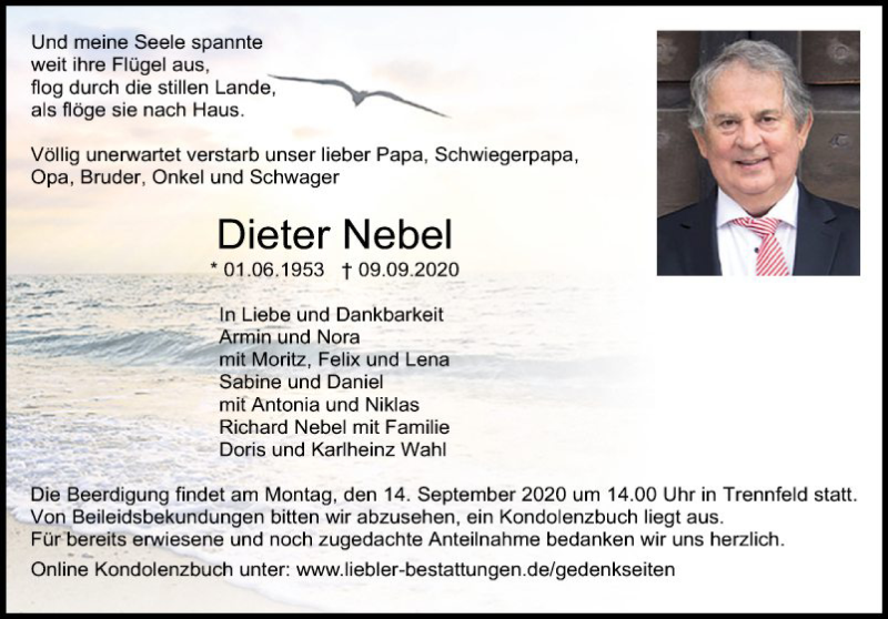 Traueranzeige für Dieter Nebel vom 12.09.2020 aus Fränkische Nachrichten