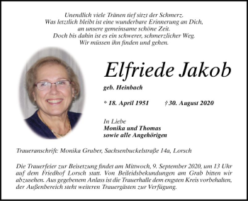 Traueranzeige von Elfriede Jakob von Bergsträßer Anzeiger