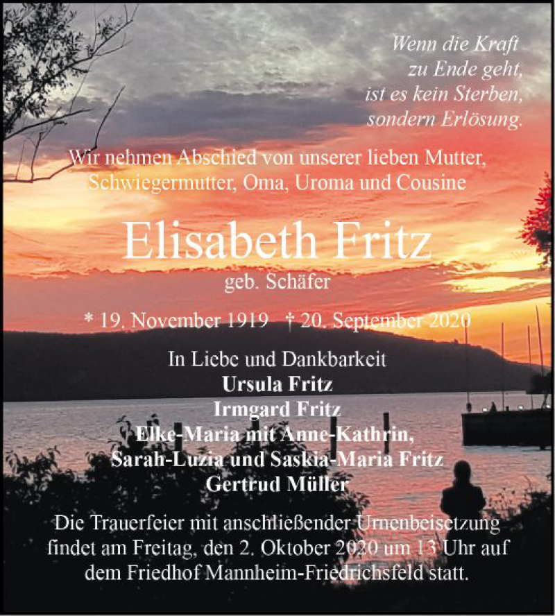  Traueranzeige für Elisabeth Fritz vom 26.09.2020 aus Mannheimer Morgen