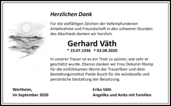 Traueranzeige von Gerhard Väth von Fränkische Nachrichten