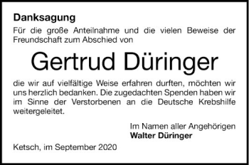 Traueranzeige von Gertrud Düringer von Schwetzinger Zeitung