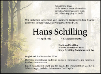 Traueranzeige von Hans Schilling von Schwetzinger Zeitung
