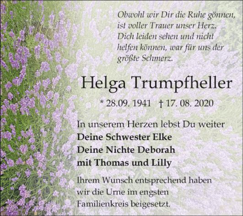 Traueranzeige für Helga Trumpfheller vom 05.09.2020 aus Fränkische Nachrichten