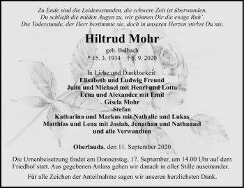 Traueranzeige von Hiltrud Mohr von Fränkische Nachrichten