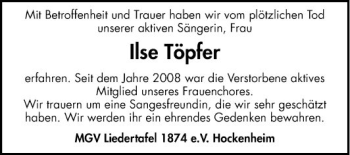 Traueranzeige von Ilse Töpfer von Schwetzinger Zeitung