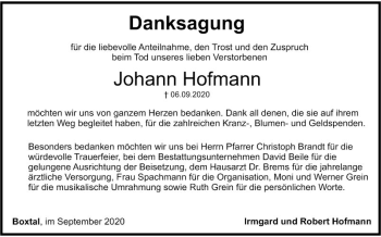 Traueranzeige von Johann Hofmann von Fränkische Nachrichten