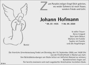 Traueranzeige von Johann Hofmann von Fränkische Nachrichten