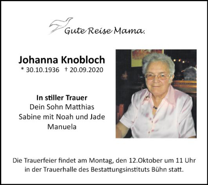  Traueranzeige für Johanna Knobloch vom 26.09.2020 aus Mannheimer Morgen