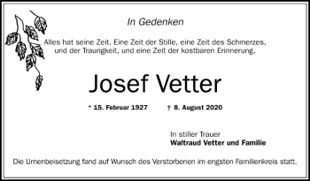 Traueranzeige von Josef Vetter von Schwetzinger Zeitung