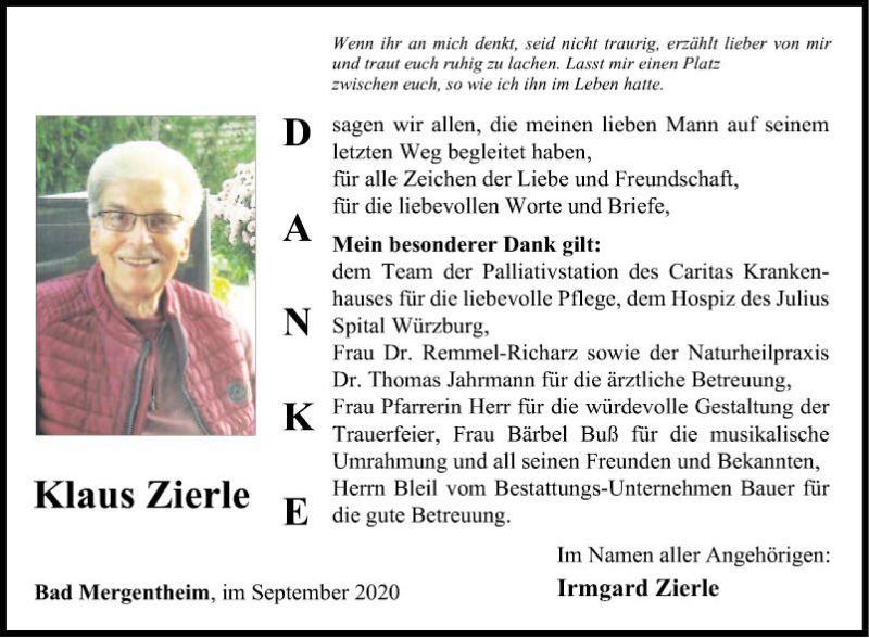  Traueranzeige für Klaus Zierte vom 23.09.2020 aus Fränkische Nachrichten