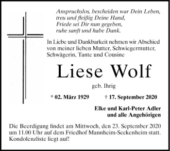 Traueranzeige von Liese Wolf von Mannheimer Morgen