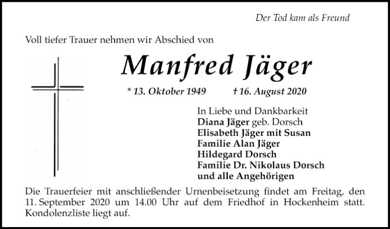  Traueranzeige für Manfred Jäger vom 05.09.2020 aus Schwetzinger Zeitung