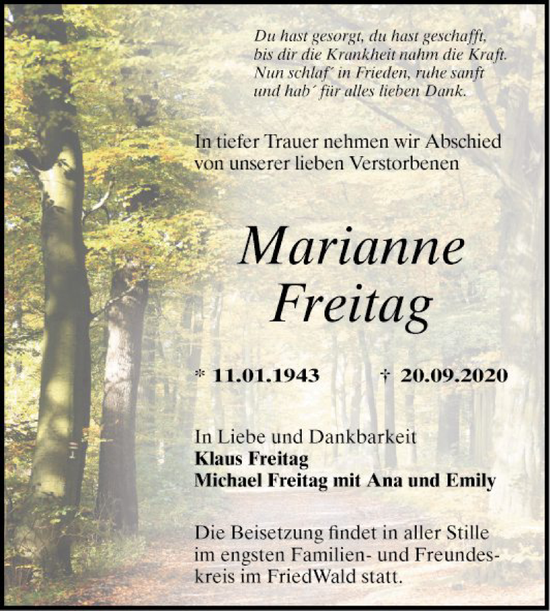  Traueranzeige für Marianne Freitag vom 26.09.2020 aus Schwetzinger Zeitung
