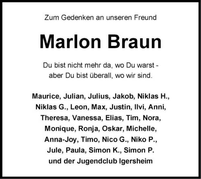  Traueranzeige für Marlon Braun vom 10.09.2020 aus Fränkische Nachrichten