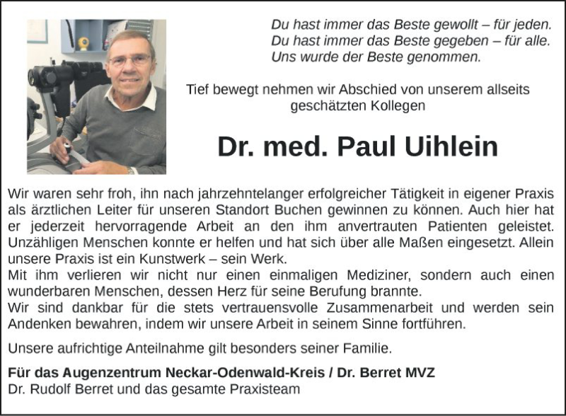  Traueranzeige für Paul Uihlein vom 24.09.2020 aus Fränkische Nachrichten