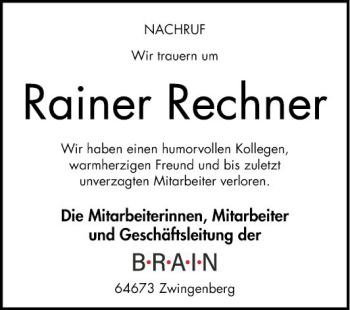 Traueranzeige von Rainer Rechner von Bergsträßer Anzeiger