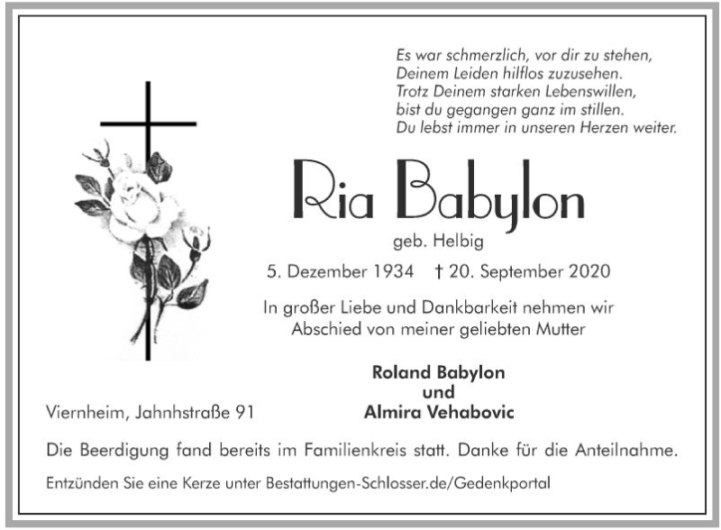  Traueranzeige für Ria Babylon vom 26.09.2020 aus Südhessen Morgen