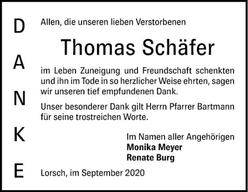  Traueranzeige für Thomas Schäfer vom 12.09.2020 aus Bergsträßer Anzeiger