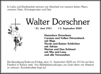 Traueranzeige von Walter Dorschner von Schwetzinger Zeitung