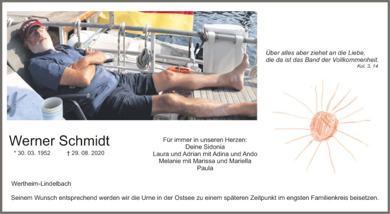  Traueranzeige für Werner Schmidt vom 02.09.2020 aus Fränkische Nachrichten