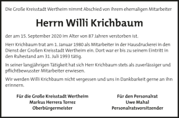 Traueranzeige von Willi Krichbaum von Fränkische Nachrichten