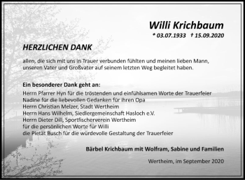 Traueranzeige von Willi Krichbaum von Fränkische Nachrichten