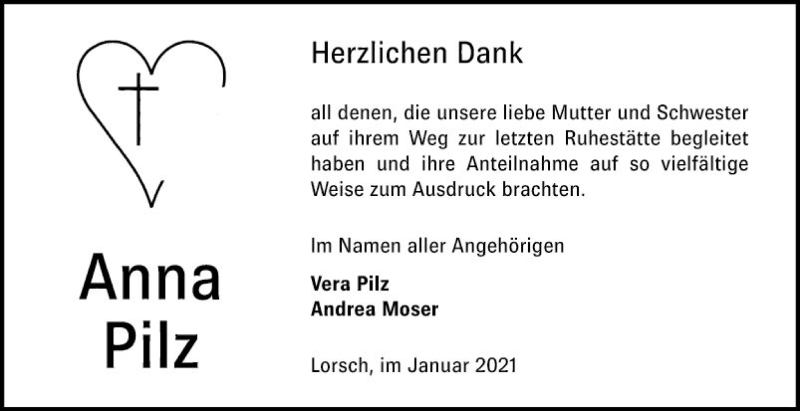  Traueranzeige für Anna Pilz vom 02.01.2021 aus Bergsträßer Anzeiger