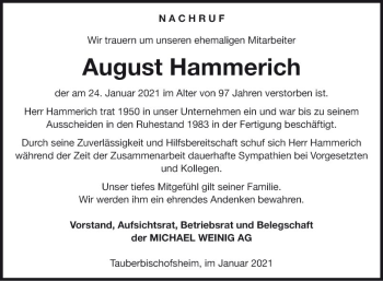 Traueranzeige von August Hammerich von Fränkische Nachrichten