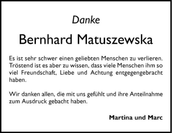 Traueranzeige von Bernhard Matuszewska von Mannheimer Morgen