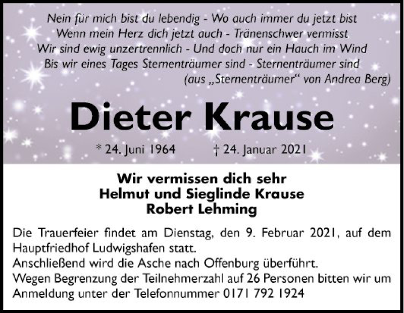  Traueranzeige für Dieter Krause vom 30.01.2021 aus Mannheimer Morgen
