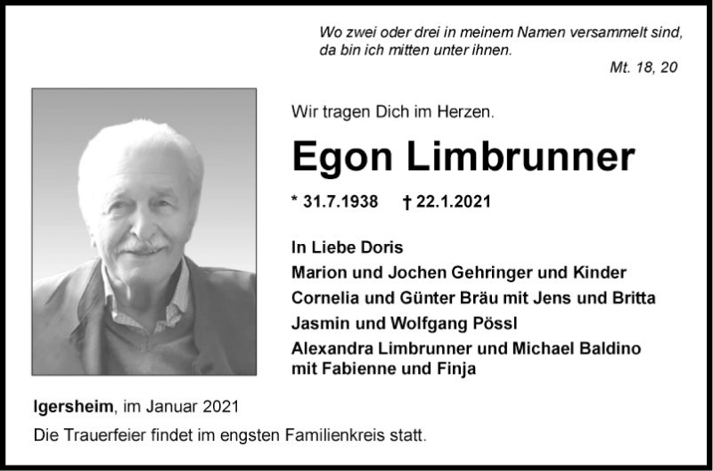  Traueranzeige für Egon Limbrunner vom 26.01.2021 aus Fränkische Nachrichten