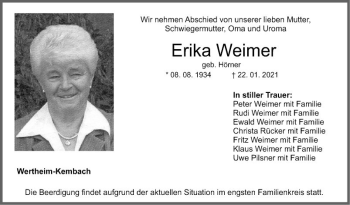 Traueranzeige von Erika Weimer von Fränkische Nachrichten