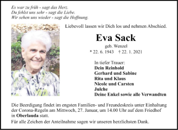 Traueranzeige von Eva Sack von Fränkische Nachrichten