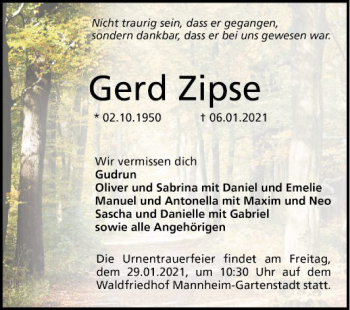 Traueranzeige von Gerd Zipse von Mannheimer Morgen