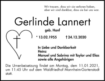 Traueranzeige von Gerlinde Lannert von Mannheimer Morgen