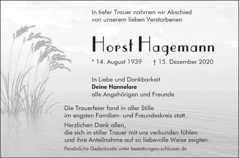  Traueranzeige für Horst Hagemann vom 02.01.2021 aus Südhessen Morgen